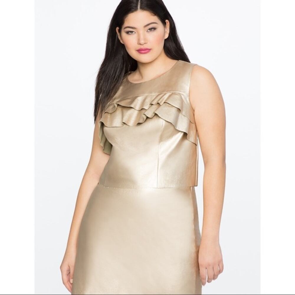 Eloquii Gold Sleeveless Exposed Zipper Back Ruffle Front Blouse Size 22